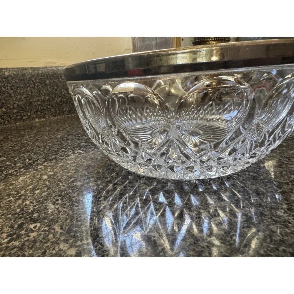 Vintage Cut Glass Bowl w/Silver Plated Rim Marked Germany  8.25